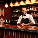 **

A cozy, dimly lit bar interior. Focus on the unique design elements: interesting lighting, stylish decor reflecting a specific theme (e.g., vintage, modern, tropical).  A smiling bartender stands behind the bar, possibly preparing a colourful cocktail. Emphasize cleanliness and inviting atmosphere.

**