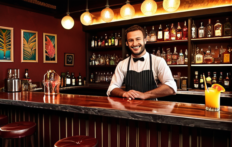 **
A cozy, dimly lit bar interior. Focus on the unique design elements: interesting lighting, stylish decor reflecting a specific theme (e.g., vintage, modern, tropical). A smiling bartender stands behind the bar, possibly preparing a colourful cocktail. Emphasize cleanliness and inviting atmosphere.
**