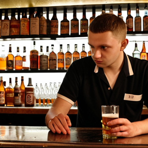 **

A Polish bartender, looking professional and responsible, carefully checks the ID of a young adult at a well-lit bar in Warsaw. Bottles of Polish beer and vodka are visible in the background. The atmosphere is friendly, but the bartender is focused and serious about verifying the customer's age. The sign "18+" is subtly displayed.

**