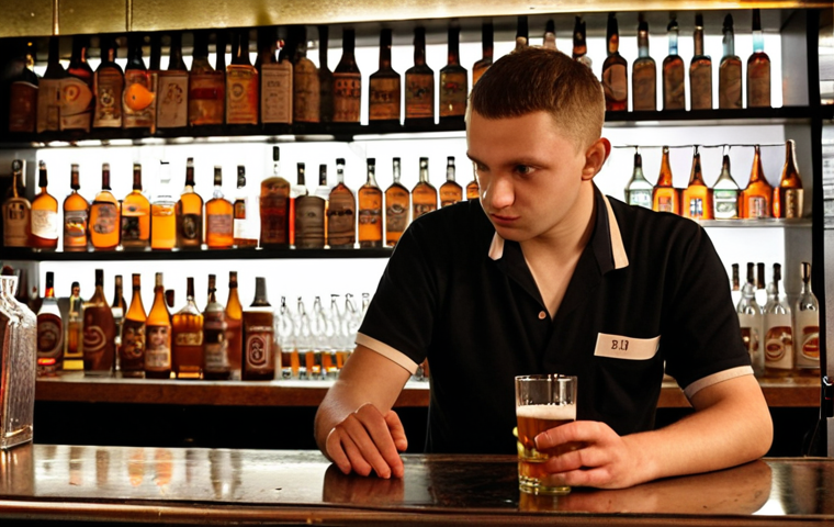 **
A Polish bartender, looking professional and responsible, carefully checks the ID of a young adult at a well-lit bar in Warsaw. Bottles of Polish beer and vodka are visible in the background. The atmosphere is friendly, but the bartender is focused and serious about verifying the customer's age. The sign "18+" is subtly displayed.
**